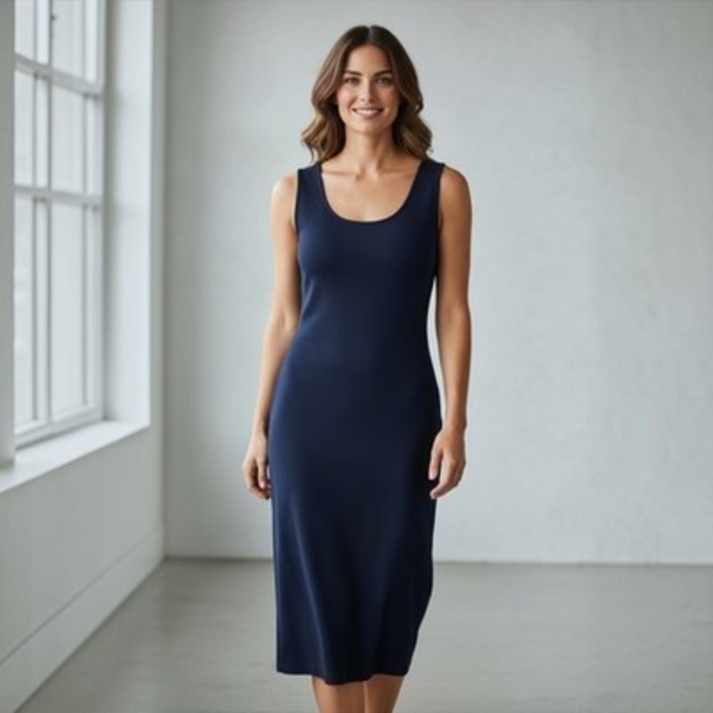 St John Caviar Navy Wool Rayon Knit Sleeveless Sheath Dress Size 12 Excellent